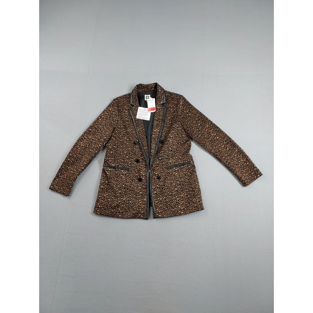Anne Klein Women Blazer Jacket M Brown Animal Print Open Front Pockets Outdoor